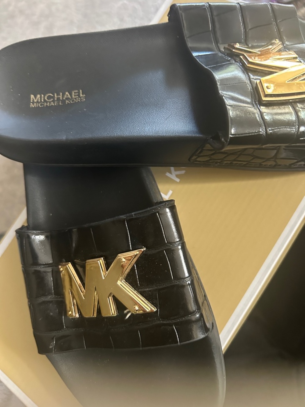 MICHAEL Michael Kors Black Croc-Embossed Slide Sandals with Gold MK Hardware